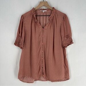 DR2 Womens Pink Geometric Floral Patterned Lightweight Woven Button Front Blouse